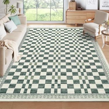 Imagem de GlowSol Tapetes para sala de estar, 20 x 25 cm, lavável, ultramacio, tapetes geométricos que não caem, tapete xadrez moderno resistente a manchas para sala de jantar, sala de jogos, berçário, verde
