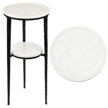 Imagem de JONATHAN Y END3004A Seraphina 63 cm Mesa de bebida industrial com moldura de metal de 2 camadas e mesa de canto decorativa com tampo redondo de mármore branco para sala de estar, quarto, escritório