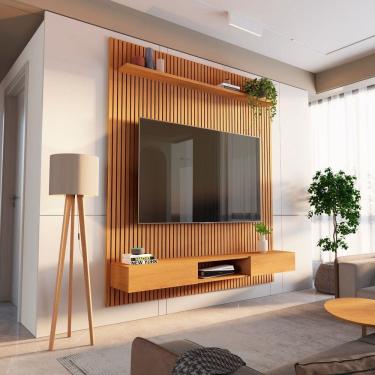 Imagem de Rack com Painel Ripado para Tv até 72 Polegadas 185x250cm 100% Mdf Aloe Cabecasa Madeiramadeira Marrom