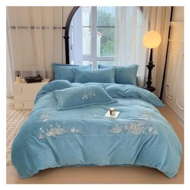 Imagem de Conjunto de capa de edredom macio e quente de inverno, conjunto de capa de edredom de 4 peças com bordado, ultramacio, quente e durável (lençol de cama plano_KING)