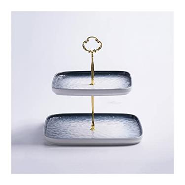 Imagem de Suporte de bolo com alças de metal, mesa quadrada de sobremesa, suporte de cupcake de cerâmica, bandeja removível para servir de pastelaria, suporte multiuso para exibição de cupcake (cinza grande