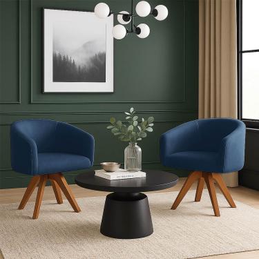 Imagem de Poltrona Sala Base Giratória Madeira Kit 2 Arielle Suede Azul Marinho D03 - D'Rossi