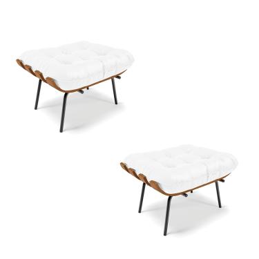 Imagem de Kit 02 Puffs Costela Corino Branco Base Metálica Preto - D'Rossi