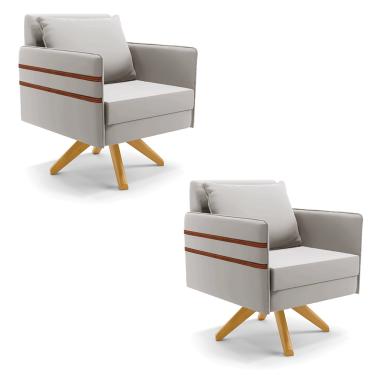 Imagem de Kit 02 Poltronas Giratória Mari Veludo Cinza Base de Madeira MA30 - D'Rossi