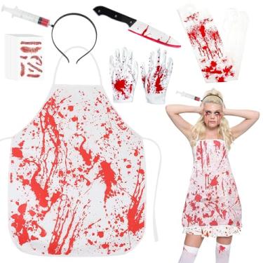 Imagem de Halloween Bloody Butcher Costume Set Halloween Chef Bloody Apron Gloves Knife Headband Tattoo Sticker Fake Knife Prop Cosplay Fancy Party Costume