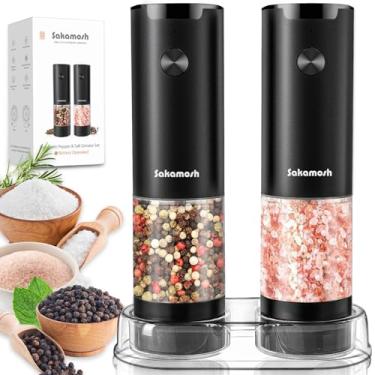 Imagem de SAKAMOSH Conjunto automático de moedor de sal e pimenta, operado por bateria (não incluído), grossura ajustável com luz LED, ELectric Pimenta e saleiro recarregável, grande capacidade de 95 ml (2