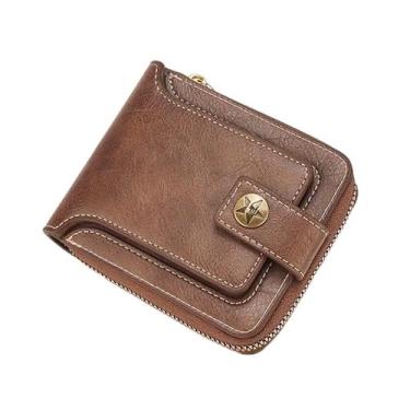 Imagem de Carteira masculina dobrável com bloqueio RFID – Bolso frontal minimalista fino com janela para identidade, Marrom, Clássico