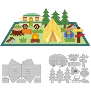 Imagem de Matrizes de acampamento 3D, cortes de metal, árvore, barracas de carro, matrizes de corte, matrizes de corte, estêncil, modelo para fazer você mesmo, álbum de recortes, papel artesanal, cartão de