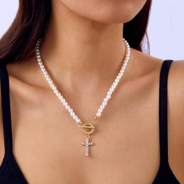 Imagem de 1 colar de cruz de pérola, design requintado de cruz incrustada de diamante, contas de pérolas genuínas, colar para mulheres, material hipoalergênico, comprimento ajustável, elegante para uso diário e