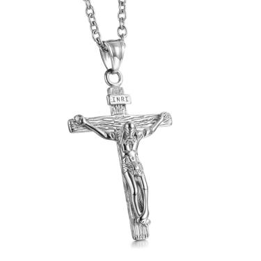 Imagem de Colar com pingente de crucifixo de Jesus Cristo de aço inoxidável para homens católicos INRI joia presente para estilo fiel, acessório diário - prata/ouro/ouro retrô, 24inches, Aço inoxidável, Sem