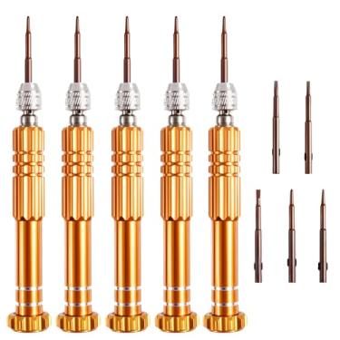 Imagem de FOCMKEAS Conjunto de 5 ferramentas de chave de fenda 5 em 1, tudo em um, com fenda de aço de alta liga S2/Philips/Torx para reparo de óculos, celular, eletrônicos, relógio (dourado)