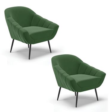 Imagem de Kit 02 Poltronas Giovana Suede Verde Pés Palito de Ferro - D'Rossi