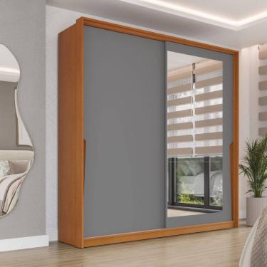 Imagem de Guarda Roupa Roupeiro 2 Portas de Correr 2 Gavetas com Espelho Porto Freijó Cinza Politorno Móveis