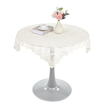 Imagem de Josojoou Toalha de mesa de renda bege 91 x 91 cm pequena toalha de mesa quadrada vintage de crochê para recepção de chá ao ar livre, jantar, decoração de casa