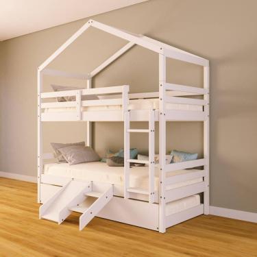Imagem de Treliche Solteiro Casinha e Kit Escada/Escorregador Madeira Maciça Branco Megamobilia