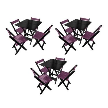 Imagem de Kit 3 Mesas De Madeira Dobrável Preto 70x70 Com 4 Cadeiras Dobráveis Roxo