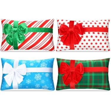 Imagem de Breling Conjunto de 4 capas de travesseiro de Natal, laços 3D, Feliz Natal, 50,8 x 30,5 cm, xadrez, floco de neve, inverno, capas de almofada para cadeira, cama, sofá, decoração de casa