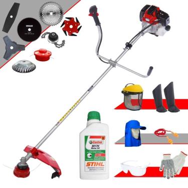 Imagem de Roçadeira RT43L Toyama 43cc Com Carretel Nylon + Facas 2 Pontas, 3 Pontas, 6 Pontas, 40 Dentes, 80 Dentes, Trimmer e Escova de Aço + EPI + ÓLEO STIHL