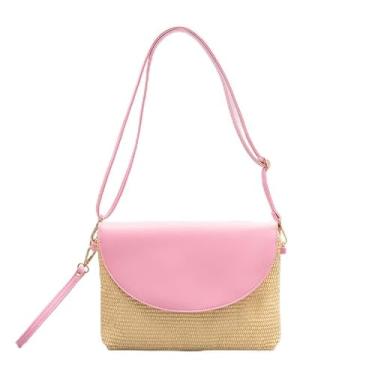Imagem de Bolsa de ombro de palha feminina de palha tecida à mão bolsa tiracolo de palha envelope de praia de verão, rosa