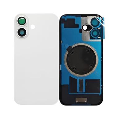 Imagem de 1 peça 2 em 1 tampa traseira de vidro de substituição para iPhone 16 capa de bateria painel de porta de vidro com furo grande peça de substituição com peças pequenas placa de metal magnética (branca)