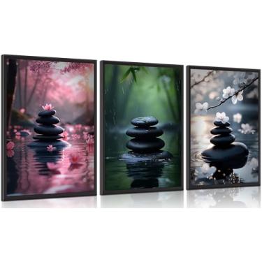 Imagem de INADIKEIN 3 peças arte de parede de pedra zen moderna decoração de parede de banheiro zen meditação spa pedra pôster verde bambu lótus arte impressa para ioga meditação quarto espiritual banheiro sem