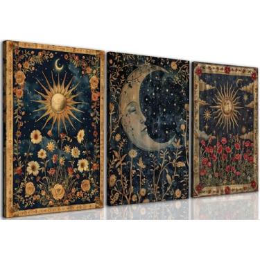Imagem de FWAHREN Arte de parede em tela celestial sol e lua, 3 peças vintage góticas pinturas de flores silvestres, imagens peculiares de tarô crescente escuro Academia decoração de parede, quarto, sala de