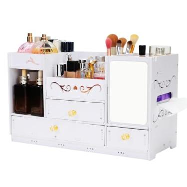 Imagem de Wtufaelk Organizador de maquiagem de madeira para penteadeira – Organizador de bancada branco grande com espelho, 3 gavetas e porta-pincéis | Organizador de mesa de armazenamento de cosméticos e