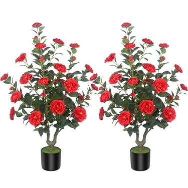 Imagem de HanJoy Camélias artificiais com 36 flores em vasos de cimento – árvores falsas realistas para varanda, casa, decoração de primavera interna e externa, escritório ou presentes de inauguração de casa