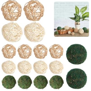 Imagem de Chewtoyo Bolas musgo e rattan, 18 peças, conjunto de bolas musgo e rattan, bolas decorativas de musgo verde, vaso de enchimento de bolas, decoração de mesa de centro de mesa, bolas secas naturais para