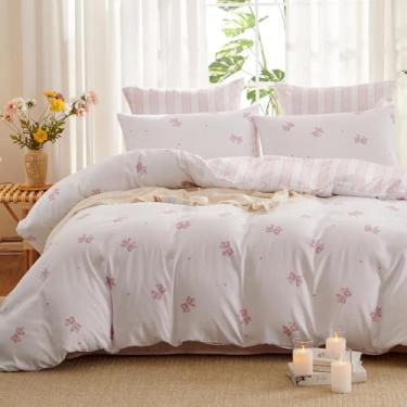 Imagem de Erwinmu Conjunto de edredom para meninas, tamanho casal, 3 peças, gravata borboleta rosa, estampa reversível, volta às aulas, para meninas, crianças, chique, laço com listras e 2 fronhas