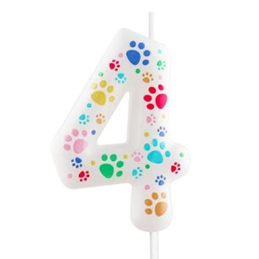 Imagem de Velas de aniversário com estampa de pata de cachorro – velas brancas número 4 cobertas com estampas coloridas de patas para festas de aniversário de cães e celebrações de animais de estimação, 4 velas