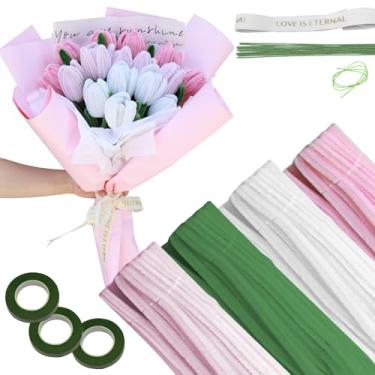 Imagem de LINXUANMAX 390 peças de limpeza de cachimbo faça você mesmo, 4 cores limpadores de cachimbo a granel 17 kit de fabricação de flores com fio floral, fita de jardinagem, fita e colas quentes para dias