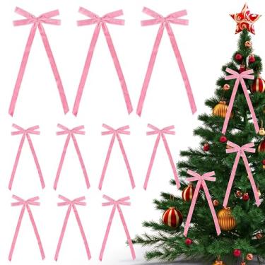 Imagem de WILNUO 12 peças de laços de veludo para árvore de Natal, enfeites de laços rosa para guirlanda, guirlanda, sacos de doces, decorações de festa DIY (20 x 43 cm, largura de 2,5 cm)