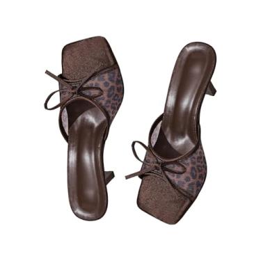 Imagem de WDIRARA Sandálias femininas de salto de malha com laço de leopardo, bico quadrado, sem cadarço, salto mules, Marrom café, 38