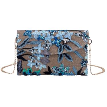 Imagem de Bolsa feminina de ombro bordada de lantejoulas com corrente floral para o verão, bolsa tiracolo para noite, Azul-escuro, 14.37 x 0.39 x 6.69 inches
