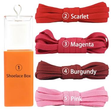 Imagem de sovida 4 pares de cadarços planos - 36 cores para cadarço de sapatos, tênis de corrida atlético, sapatos casuais, cordas para botas, 11-escarlate + magenta + vinho + rosa + caixa de cadarço, 160cm