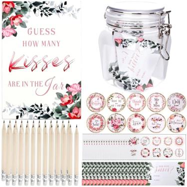 Imagem de Conjunto de presentes de noiva com 346 peças, incluindo 200 adesivos de beijos, 120 cartões de adivinhação, 24 lápis HB, 1 placa de madeira de quantos beijos, 1 pote de plástico transparente para