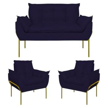 Imagem de Kit 2 Poltronas + Namoradeira Pé Metal Dourado Recepção Sala Cor:azul Marinho