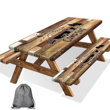 Imagem de Xiaoput 3 peças de toalha de mesa de piquenique com capa de banco, toalha de mesa de acampamento de madeira marrom, capa de mesa de piquenique com elástico, à prova de vento, à prova d'água
