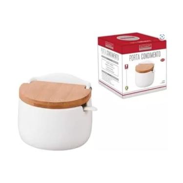 Imagem de Saleiro Porcelana de Mesa com Tampa de Bambu (Porta Temperos Condimentos Açucareiro)