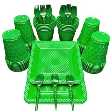 Imagem de Kit 260 Itens Descartaveis Festa Aniversário Prato Quadrado Diamante Plástico Colorido Perolado Candy Pastel (Verde Escuro)