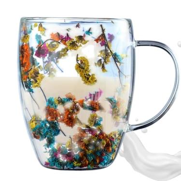 Imagem de Caneca de café de vidro de parede dupla, xícaras de chá de vidro - Canecas de vidro anti-queimaduras com alça ergonômica - Caneca de café flores secas dupla camada de isolamento térmico copo de café d