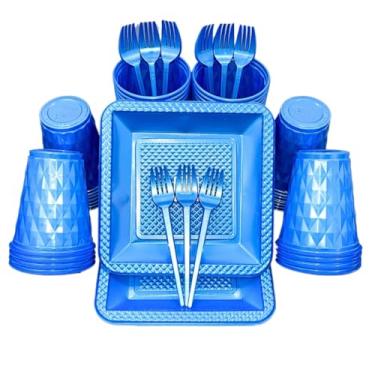 Imagem de Kit 260 Itens Descartaveis Festa Aniversário Prato Quadrado Diamante Plástico Colorido Perolado Candy Pastel (Azul Perolado)