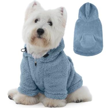 Imagem de IDOMIK Suéter Fuzzy Dog com capuz ajustável, suéter de lã quente para cachorro com orifício e bolso, pulôver para cães pequenos, moletom com capuz felpudo para outono inverno e Natal, azul, P