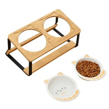Imagem de Tigela de comida elevada para gatos | Prato elevado para gatos, prato inclinado duplo de cerâmica, à prova de derramamento, inclinado para animais de estimação, gatinho, filhotes, bebendo, alimentação