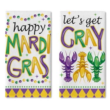 Imagem de Croar Conjunto de 2 toalhas de prato Happy Mardi Gras Crayfish para cozinha, Let's Get Cray New Orleans Carnaval de secagem toalha de mão pano de cozimento, miçangas baile de máscaras festa banheiro