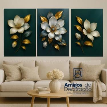 Imagem de Kit 3 Painéis Florais Metalizados Ouro e Branco | Composição Estilosa para Ambientes Internos | Visual Sofisticado Minimalista | Ornamentação Exclusiva para Casa | Painel Estético Contemporâneo (15x20)