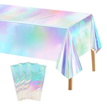 Imagem de MUSSIN Pacote com 3 toalhas de mesa de plástico iridescente, capas de mesa descartáveis retangulares brilhantes, decoração de festa iridescente, 137 x 274 cm