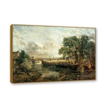 Imagem de Moldura de teca. Arte em tela romantismo estilo constable (paisagem 41), pintura de paisagem inglesa emoldurada, decoração de parede elegante para sala de estar escritório. 50 x 70 cm - 19,6 x 27,5