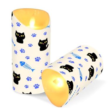 Imagem de Blueangle Pacote com 2 velas fofas de gatos pretos sem chama com controle remoto e temporizador, velas LED cintilantes (7,6 cm x 15 cm) para decoração de casa, casamento, acampamento (618)